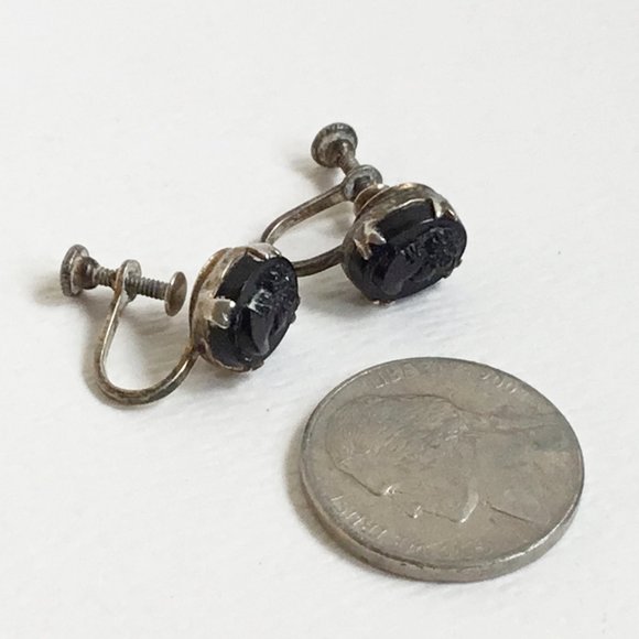 Vintage Sterling Silver Prong Set Jet Black Cameo Portrait Screw Back Earrings - Picture 5 of 5